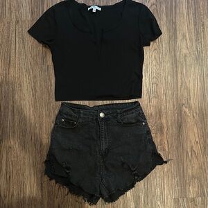 Two Piece Black Crop Top Biker Short Set
